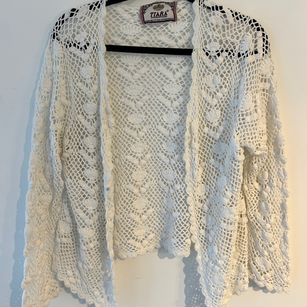 Tiara White Crochet Open-Front Cardigan